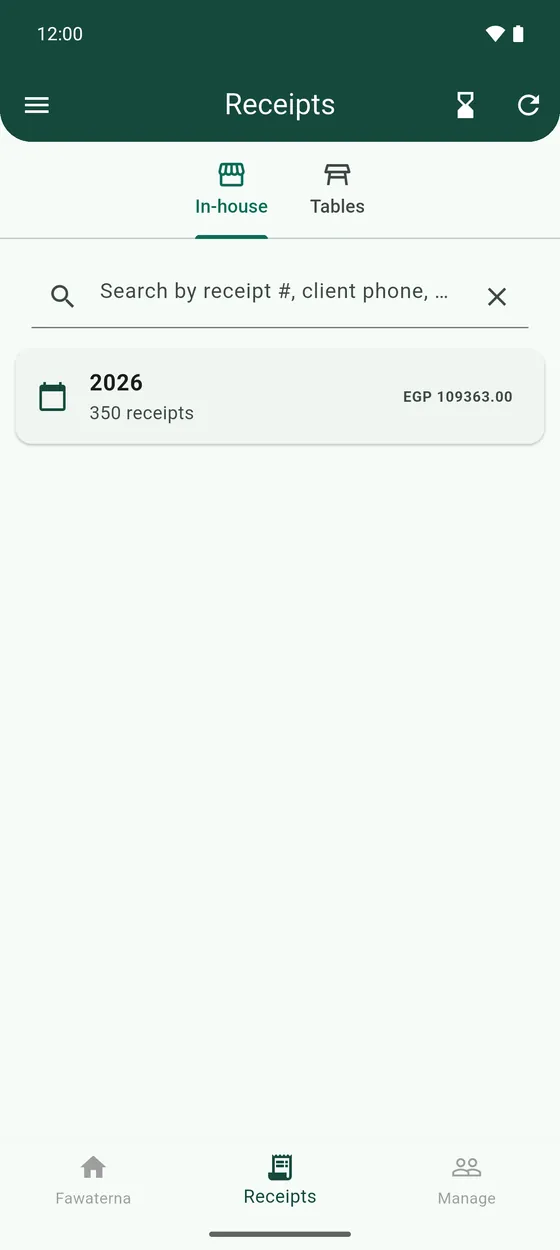 Receipts with delivery switched off: only In-house and Tables are left.
