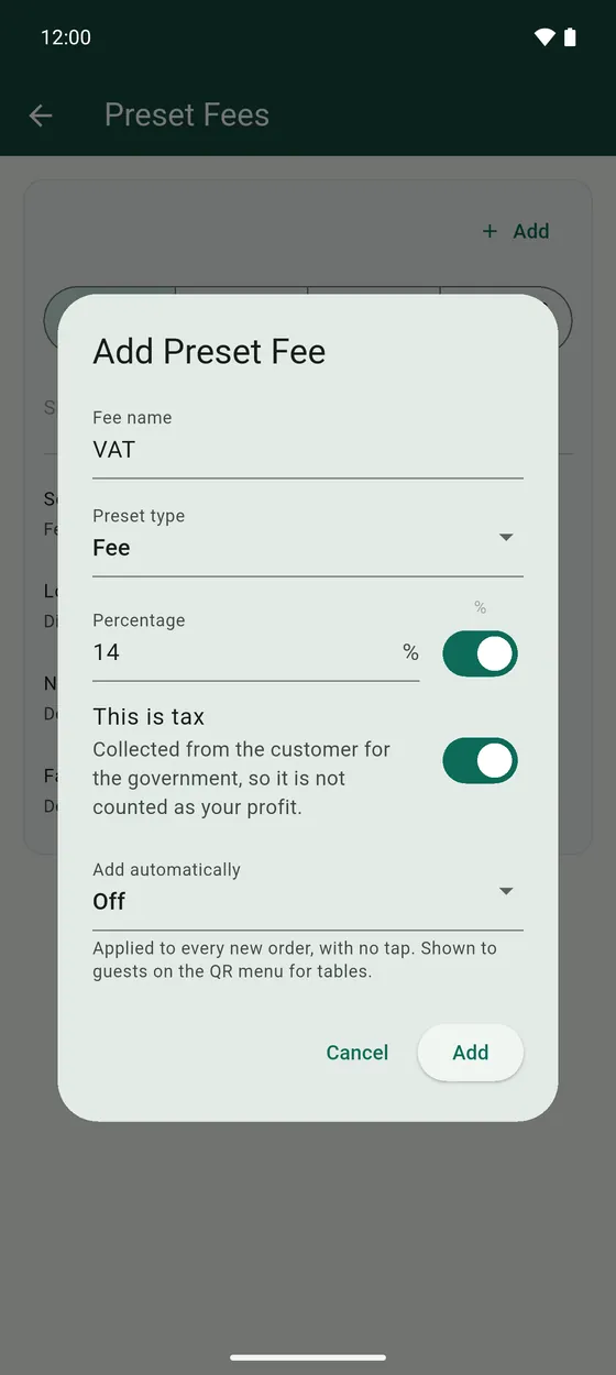 A preset for VAT, marked as tax.