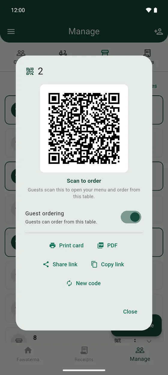 A table's QR card, with the link to share and the guest ordering switch.
